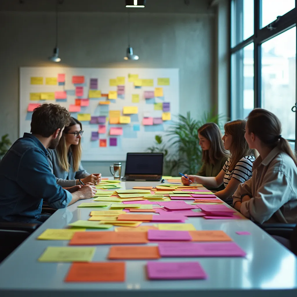 Réunion d'équipe autour d'un tableau Kanban